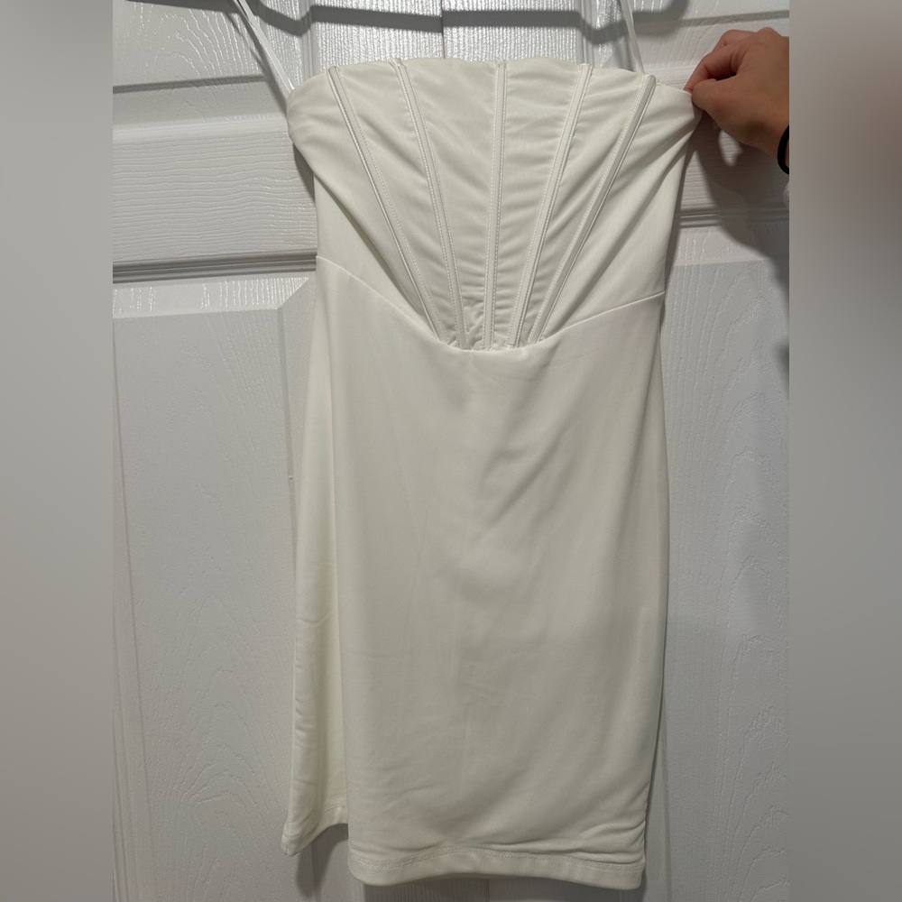 White Strapless Ruched Sheath Dress